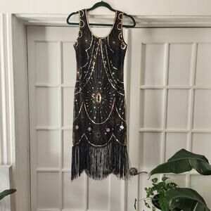 Yessa Black Gold Sequin Beaded Fringe Flapper Long Sleeveless Dress Size M